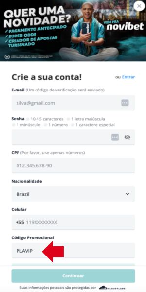 tela de registro na novibet