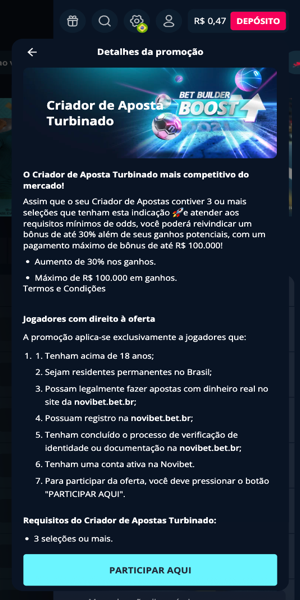 Tela com p&aacute;gina da promo&ccedil;&atilde;o Criador de Aposta Boost que voc&ecirc; pode participar ao ativar o c&oacute;digo Novibet