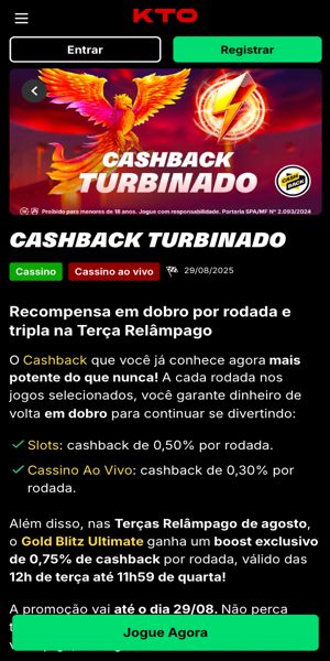 Imagem da promo&ccedil;&atilde;o do cashback do cassino online. Na KTO, suas apostas em slots e cassino ao vivo podem render reembolso