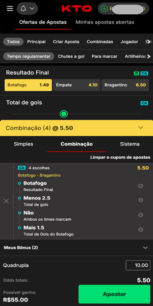 Imagem de uma aposta feita com o recurso Criar Aposta da KTO