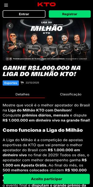 Imagem da p&aacute;gina da promo&ccedil;&atilde;o Liga do Milh&atilde;o na KTO