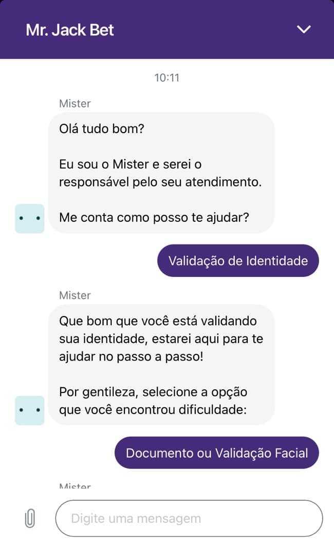 tela mostrando o atendimento ao cliente na Mr Jack Bet que funciona 24h por dia.
