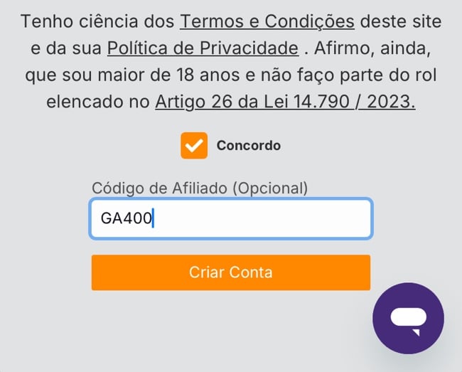 tela final de registro na Mr Jack Bet com opção de adicionar o código de afiliado.