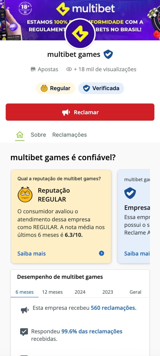 tela inicial da p&aacute;gina oficial da Multibet no Reclame Aqui.