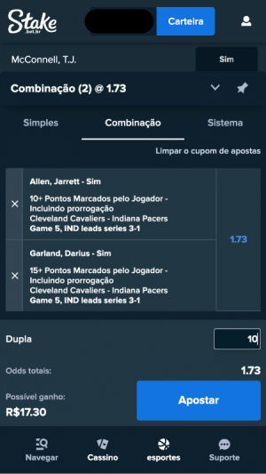 Imagem com um bilhete de aposta criado com o recurso "Criar Aposta" dispon&iacute;vel no aplicativo da Stake