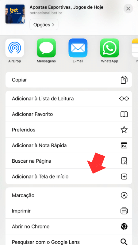 Atalho para usar Betnacional app no iPhone