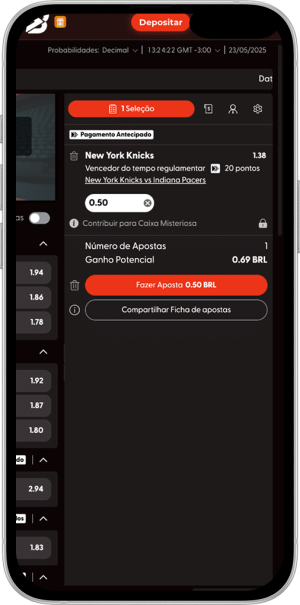 Tela com exemplo de apostas a partir de R$0,50 na Bateubet