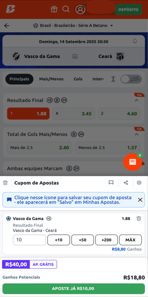 Exemplo de uma aposta em futebol realizada no aplicativo da Betano