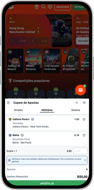 Bilhete com aposta múltipla em futebol e basquete na Betano