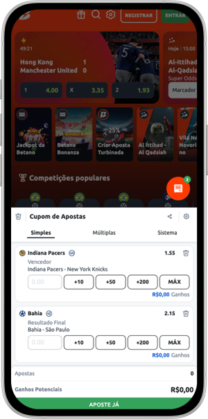 Bilhete com uma aposta simples da Betano