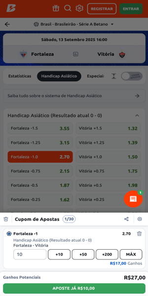 imagem com exemplo de uma aposta com handicap -1 na Betano
