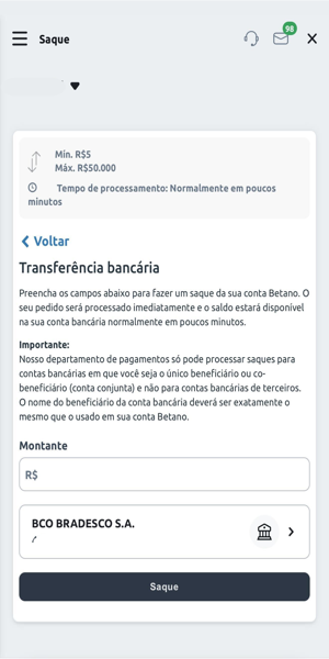 Tela com processo de saque via transferência bancária na Betano