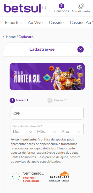 Tela com cadastro na Betsul