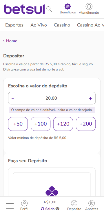 Página de depósito na Betsul via Pix