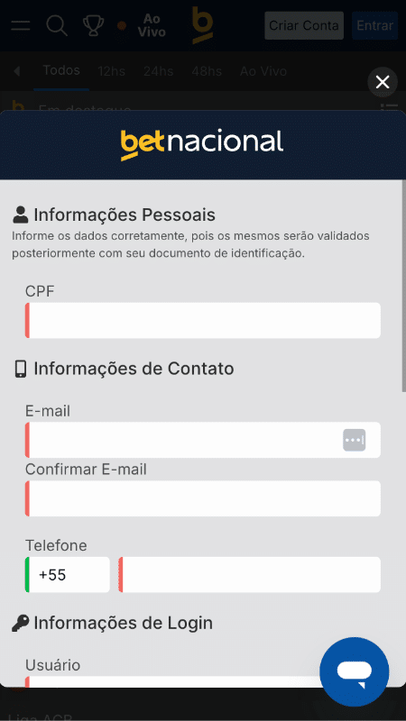 Tela com processo de registro de nova conta no Betnacional app