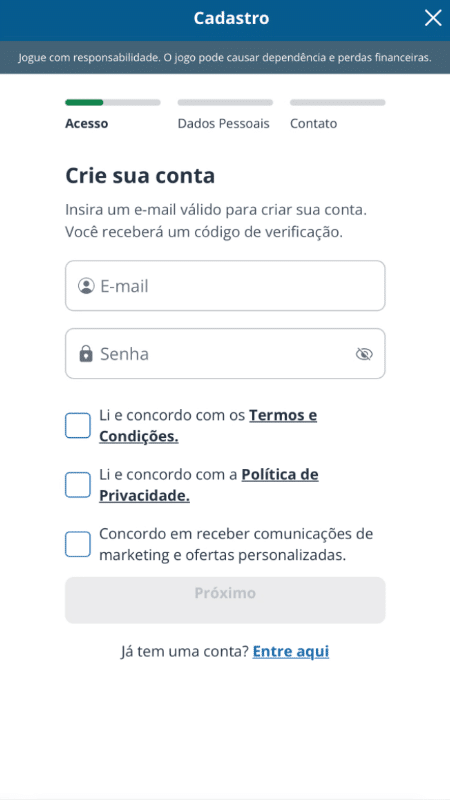 Tela para fazer cadastro na Sportingbet