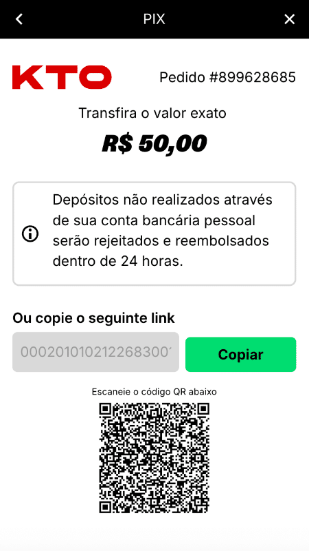 dep&oacute;sito via PIX na KTO