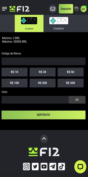 Imagem do processo de dep&oacute;sito via Pix na F12 Bet 