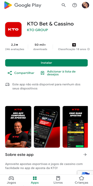 Imagem com a op&ccedil;&atilde;o de download do KTO app pela Play Store