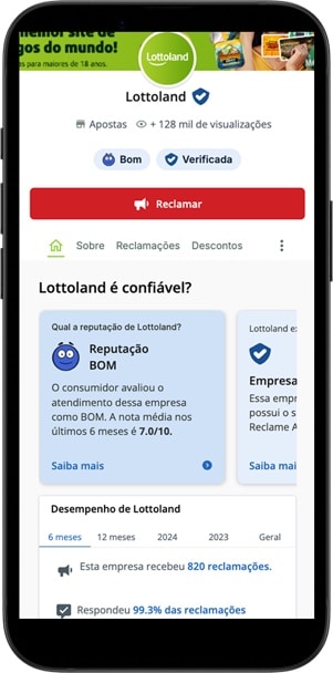 Tela com página oficial da Lottoland no Reclame Aqui