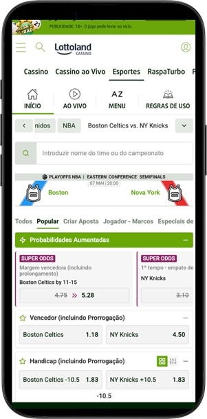 Tela com opção de jogo da NBA com possibilidade de SuperOdds na Lottoland