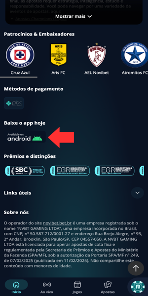 &Iacute;cone do Android na p&aacute;gina inicial da Novibet para baixar aplicativo