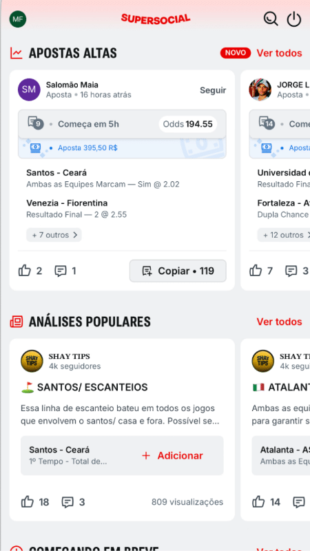 Tela com dicas de apostas de outros apostadores no Supersocial da Superbet