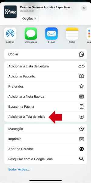 Imagem de como fazer o atalho para utilizar o Stake app no iOS