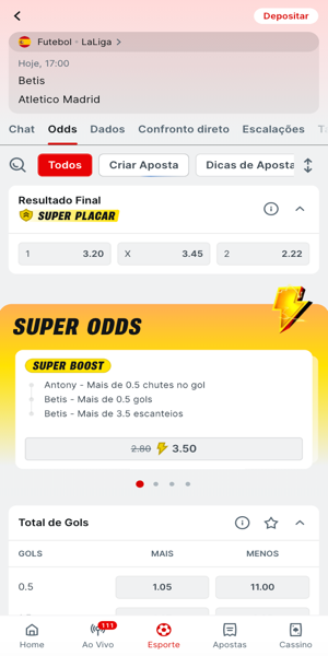 Imagem das opções de apostas na partida entre Betis x Atlético de Madrid com pagamento antecipado liberado para o mercado "Resultado Final"