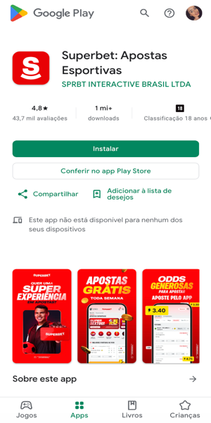 Imagem do app da Superbet na Play Store para ser instalado.