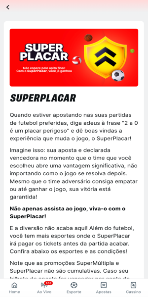 Imagem com a página da promoção "SuperPlacar" que garante pagamento antecipado na Superbet