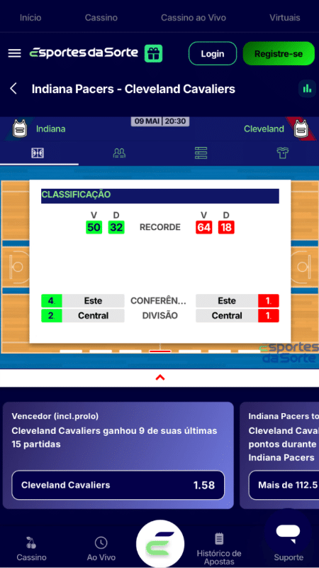 Tela com estat&iacute;sticas dos jogos da NBA na Esportes da Sorte