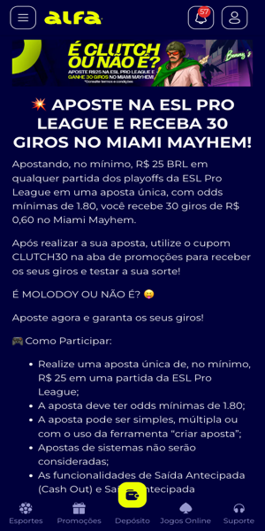 Imagem da p&aacute;gina da promo&ccedil;&atilde;o para ganhar giros gr&aacute;tis no slot Miami Mayhem apostando em eSports