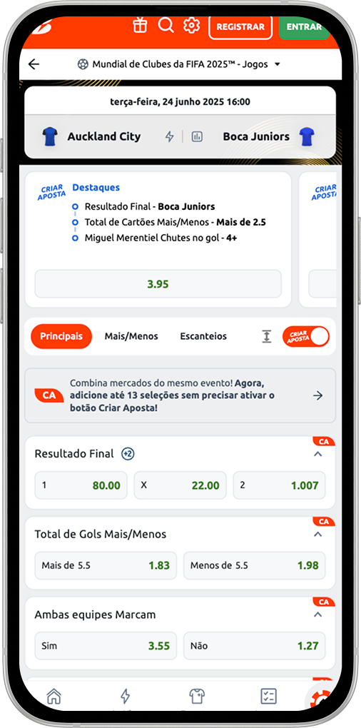 Imagem de como ativar o Criar Aposta na Betano e escolher até 13 seleções em um único bilhete.