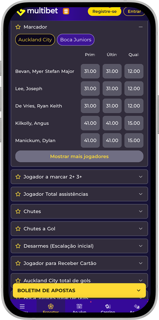 Tela com mercados de jogadores para criar aposta na Multibet.
