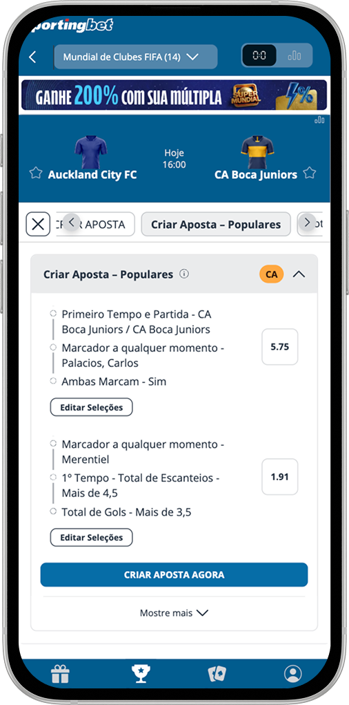 Tela com possibilidade de escolher editar opções de criar aposta.