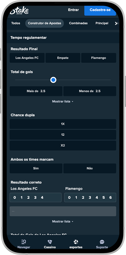 Tela com opções disponíveis para criar aposta na Stake.