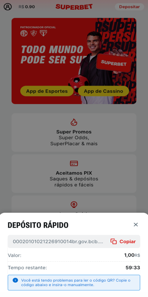 Imagem do processo de dep&oacute;sito via Pix na Superbet