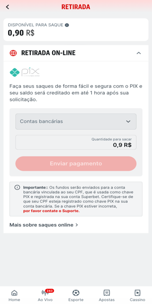 Imagem do processo de saque via Pix na Superbet