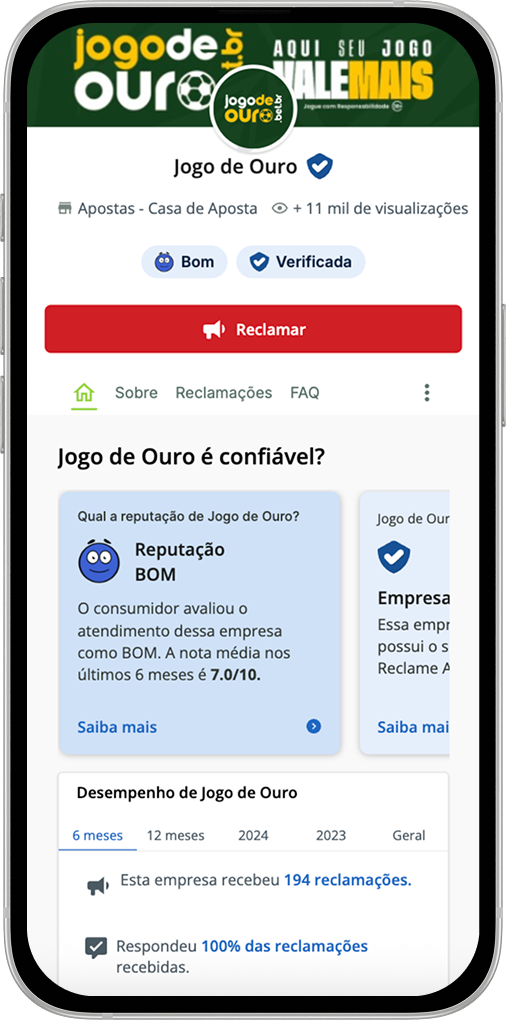 Página oficial da Jogo de Ouro na plataforma Reclame Aqui.