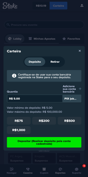 imagem do in&iacute;cio do processo de dep&oacute;sito via Pix na Stake