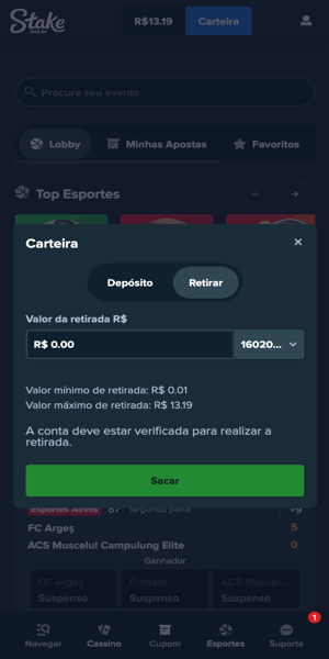 Imagem com o in&iacute;cio do processo de saque na Stake