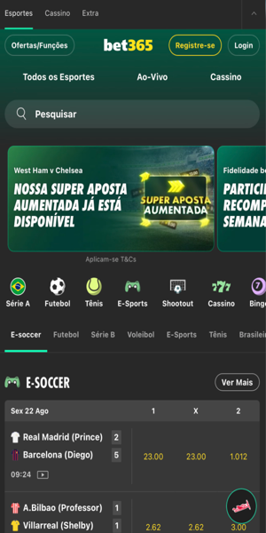 Tela inicial da Bet365 app com apostas esportivas