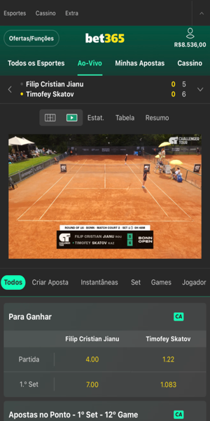 Livestreaming em jogo de t&ecirc;nis na Bet365
