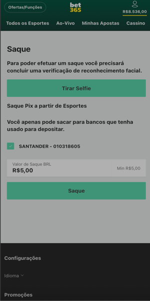 P&aacute;gina de solicita&ccedil;&atilde;o de saque da Bet365