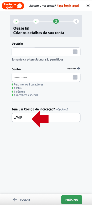 tela com processo de registro com o código de indicação Betano