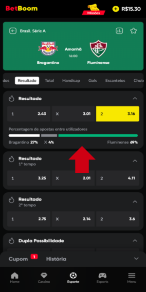 Imagem com porcentagem de apostas feitas para cada um dos times na partida Bragantino x Fluminense, v&aacute;lida pelo Brasileir&atilde;o