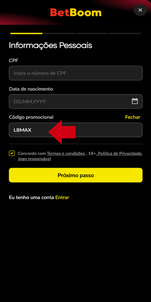 Como inserir c&oacute;digo promocional Betboom LBMAX no cadastro