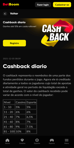 Imagem sobre a promo&ccedil;&atilde;o cashback di&aacute;rio da Betboom