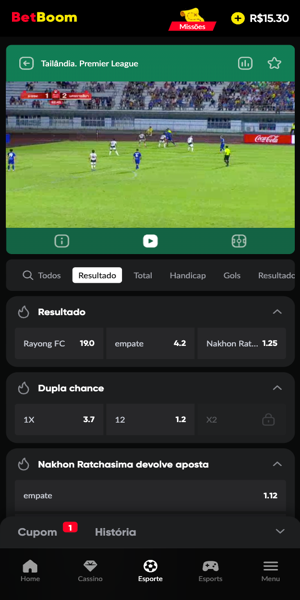 Tela com transmiss&atilde;o ao vivo de futebol na Betboom